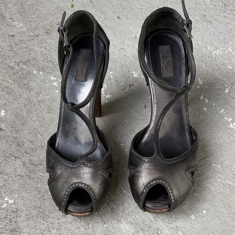 Prada gunmetal open toe platforms